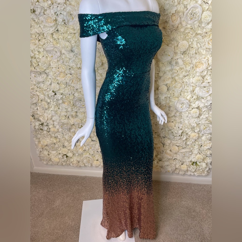 Kalinnu Off the Shoulder Teal Sequin Gown